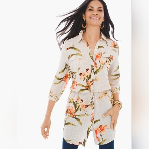 Chico's Drawstring Tunic Top Size 2 Tropical Print - Picture 2 of 6